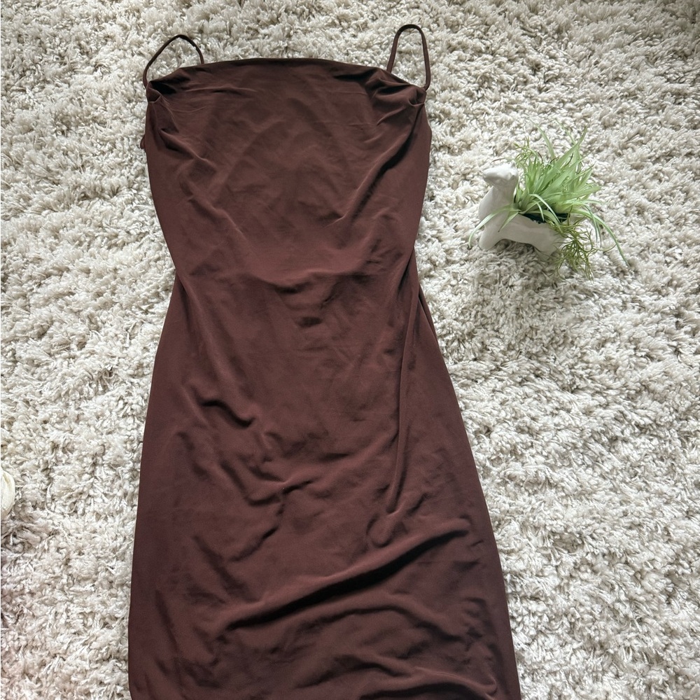 Brown elegant cute solid bodycon mini dress with adjustable straps